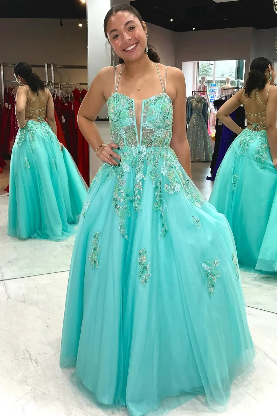 Turquoise Tulle A-Line Prom Dresses with Spaghetti Straps, PD2404255