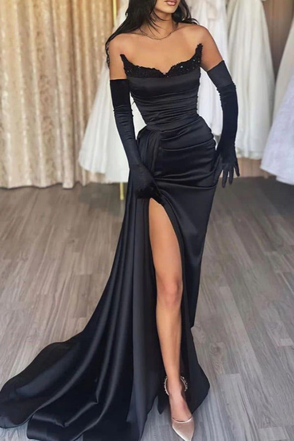 Elegant Black Strapless Evening Dress | High Slit Corset Gown