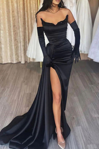 Elegant Black Strapless Corset Evening Dress with High Slit, PD2404081
