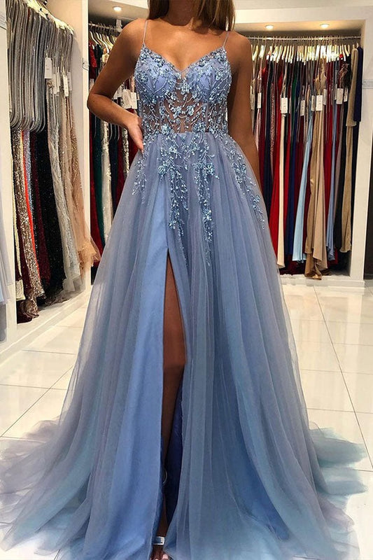 Blue Applique Prom Dress - Elegant See-through Formal Gown, PD2404092