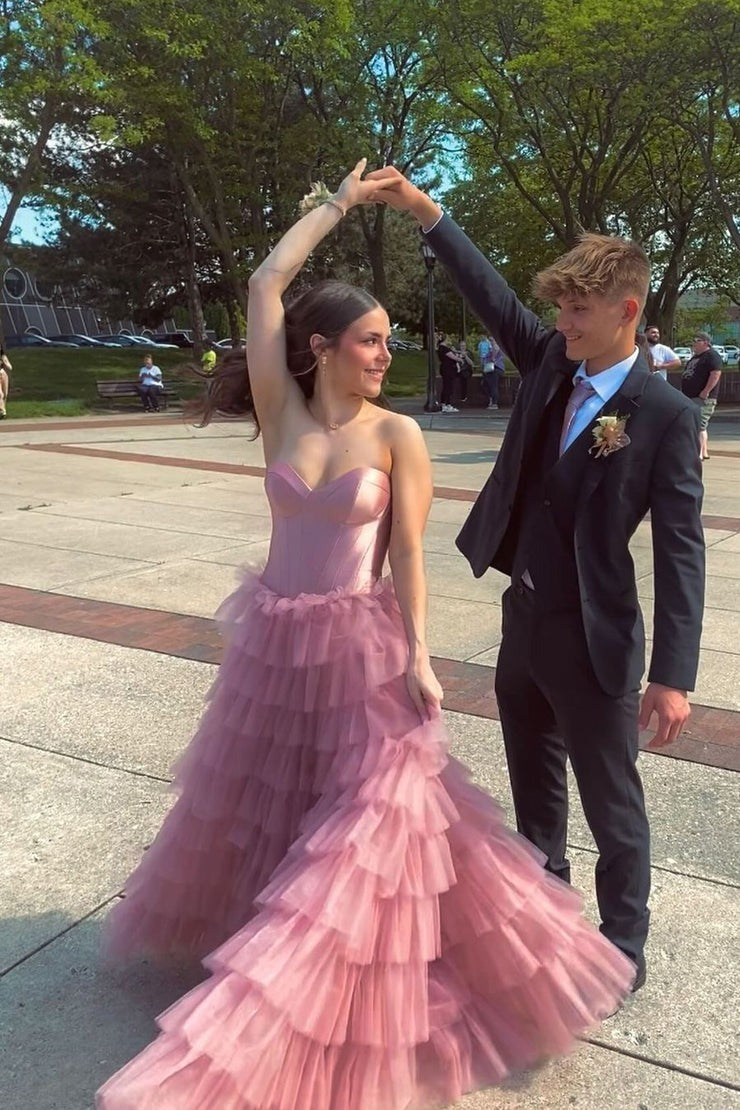 Sweetheart Dusty Pink Tiered Tulle Long Prom Dresses, PD25074