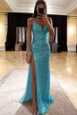 Glamorous Sparkly V-Neck Sequined Prom Dress with High Slit, PD2404083