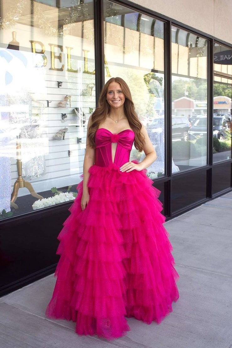 Sweetheart Fuchsia Ball Gown Keyhole Tiered Tulle Long Prom Dresses, PD25075