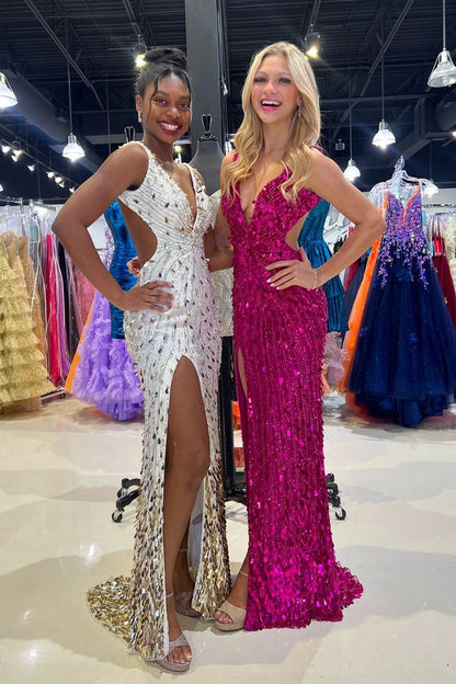 Deep V Neck Fuchsia Sequins Long Mermaid Homecoming Dresses with Slit, PD25079