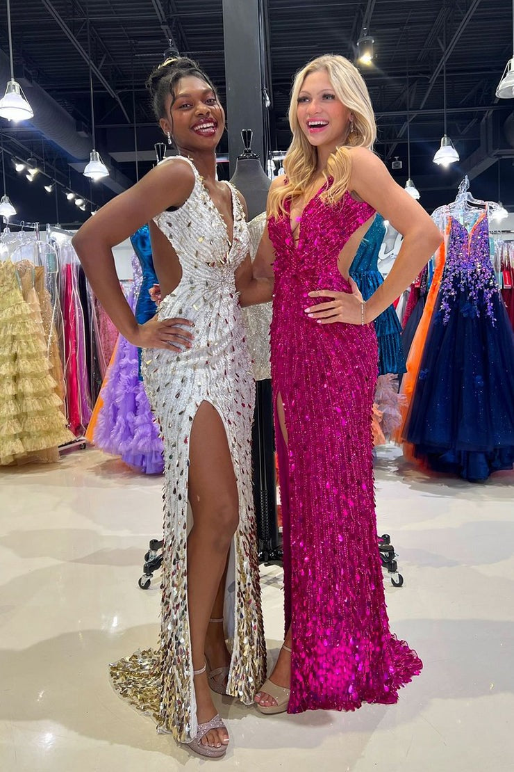 Deep V Neck Fuchsia Sequins Long Mermaid Homecoming Dresses with Slit, PD25079