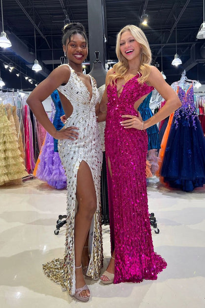 Deep V Neck Fuchsia Sequins Long Mermaid Homecoming Dresses with Slit, PD25079