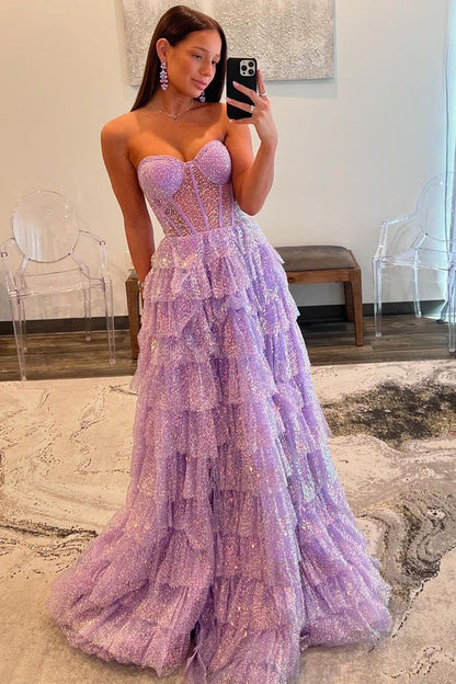 Strapless Ball Gown Lavender Sequins Ruffle Tiered Prom Dresses with Slit, PD25065