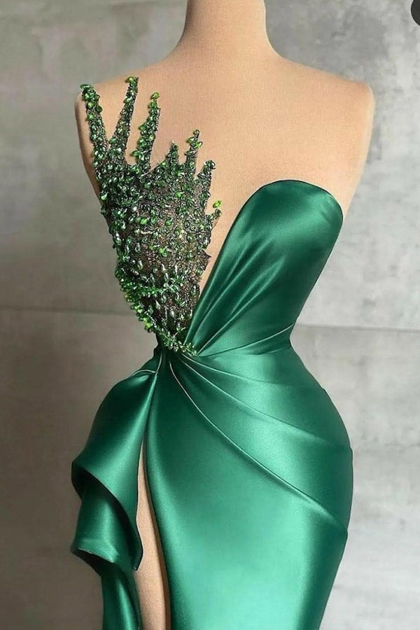 Emerald Green Beaded Mermaid Prom Dress with High Slit, PD2404082