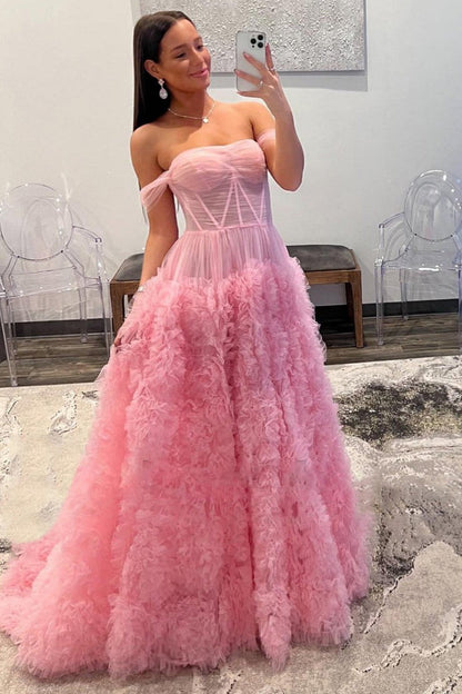 Off the Shoulder Ball Gown Pink Long Prom Dress, PD25032
