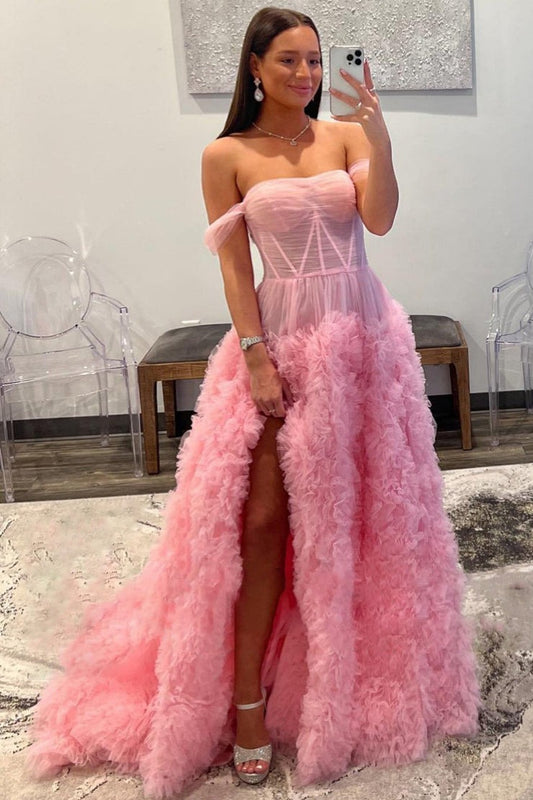 Off the Shoulder Ball Gown Pink Long Prom Dress, PD25032