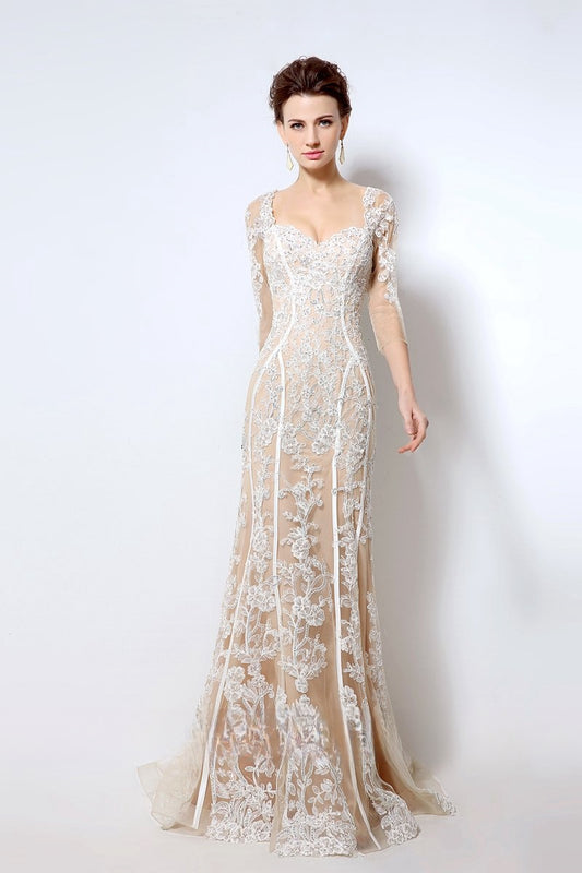 modest elegant mermaid long sleeves lace long prom dress, LX013