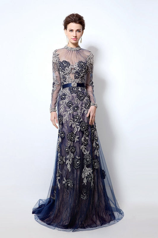 modest elegant navy long sleeves lace long prom dress, LX014