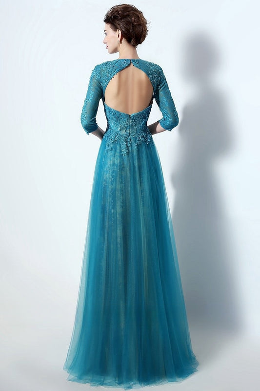 modest middle-sleeves blue lace long prom dress, LX016