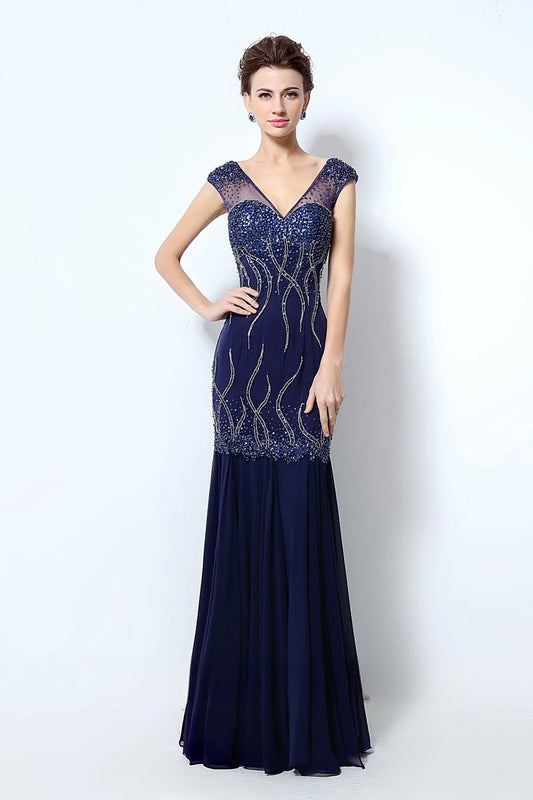 formal modest v-neck navy long beaded prom dress, LX032