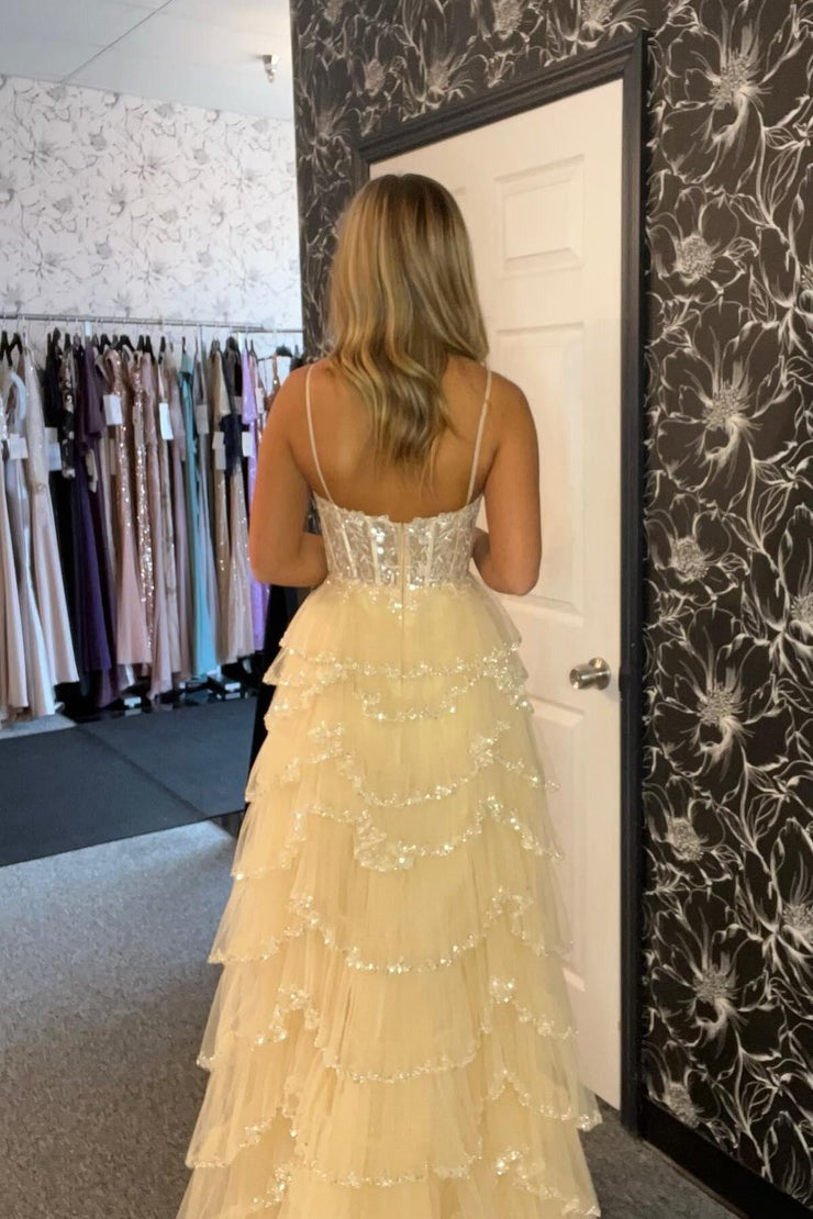 Straps A Line Blush Pink Tulle Layered Long Prom Dresses with Slit, PD25031