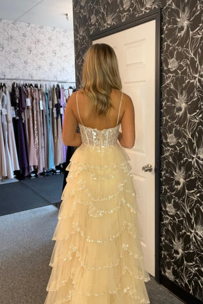 Straps A Line Blush Pink Tulle Layered Long Prom Dresses with Slit, PD25031