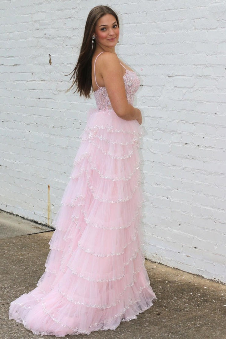 Straps A Line Blush Pink Tulle Layered Long Prom Dresses with Slit, PD25031