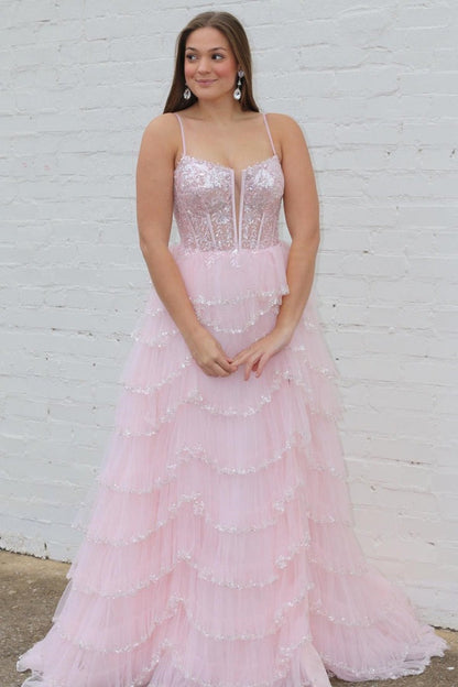 Straps A Line Blush Pink Tulle Layered Long Prom Dresses with Slit, PD25031