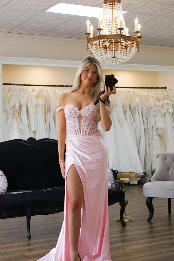 Off the Shoulder Mermaid Pink Satin Long Prom Dresses with Appliques, PD25064
