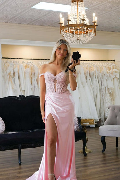 Off the Shoulder Mermaid Pink Satin Long Prom Dresses with Appliques, PD25064