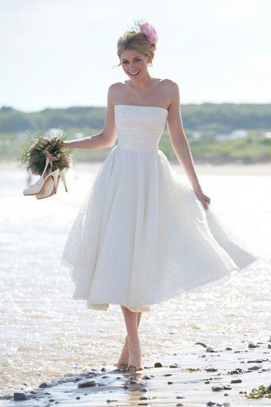 Ivory Lace A-line Tea-length Short Bridal Wedding Gown, WD2308234