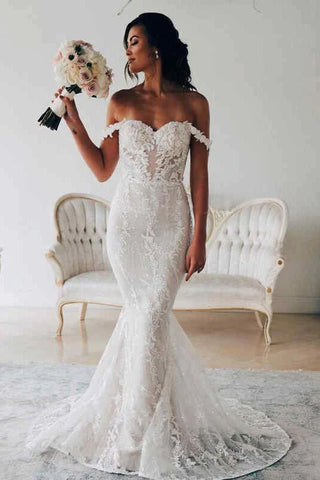 Ivory Mermaid Lace Backless Off Shoulder Wedding Gown Bridal, WD2310191