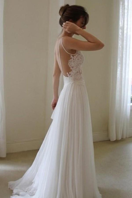 Simple Chiffon with Spaghetti Straps and Backless Lace Wedding Dress, WD2305205