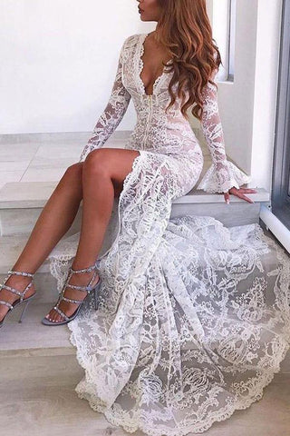 Lace Mermaid Deep V-neck Long Sleeves Wedding Gown, WD24012910