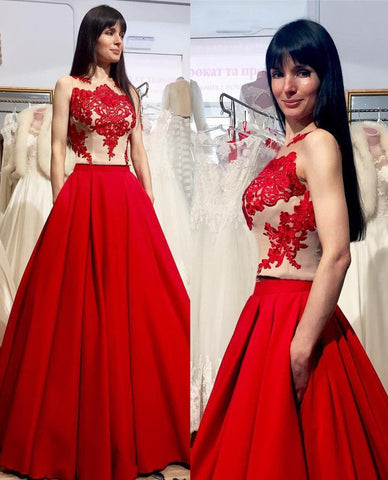 Red Appliques A-Line Satin Prom Dresses with Sleeveless Round Neck, PD2310136
