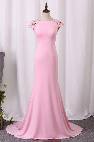 Evening Prom Dress Mermaid Spandex Scoop Cap Sleeves With Beads, PD2310083
