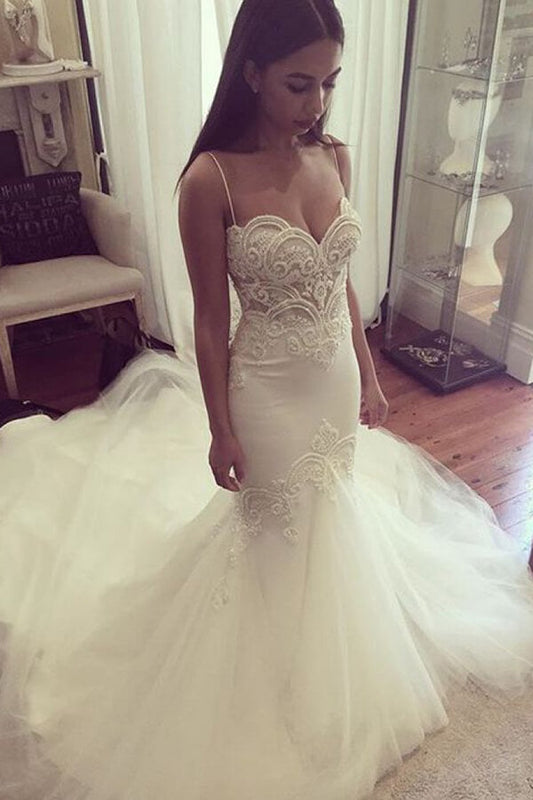 Ivory Tulle Lace Mermaid Spaghetti Straps Court Train Wedding Gown, WD2401291