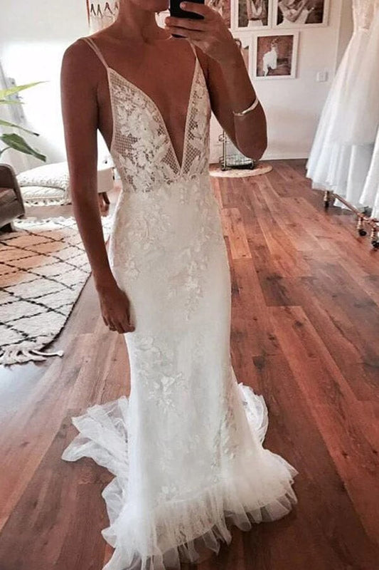 Ivory Mermaid Backless Deep V-neck Lace Wedding Dress, WD23101810
