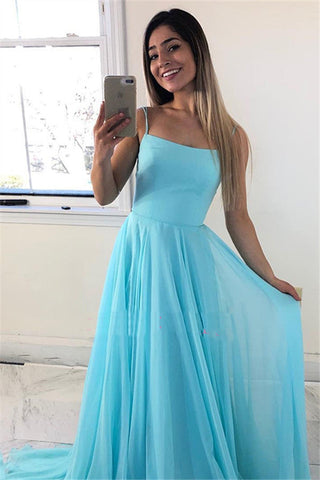 Blue Chiffon Backless Lace-Up A-Line Prom Dress, PD2306010