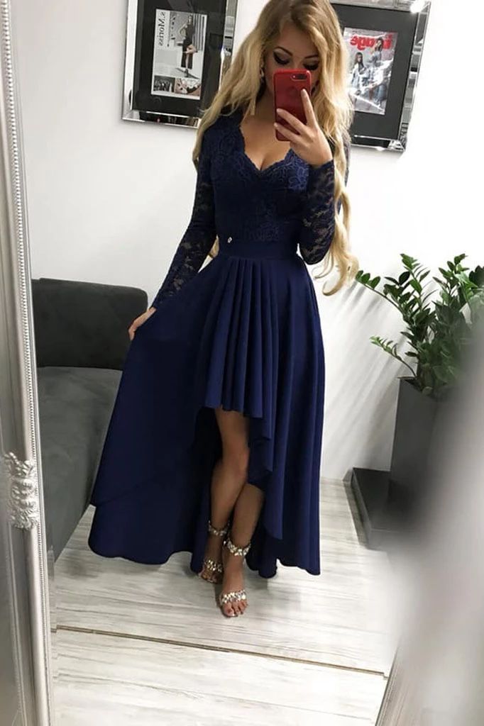 Dark Navy A-Line Long Sleeves Lace High Low Prom Dress, PD2308032