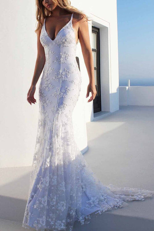 V-neck Spaghetti Straps Lace Mermaid Bridal Gown, WD2401319