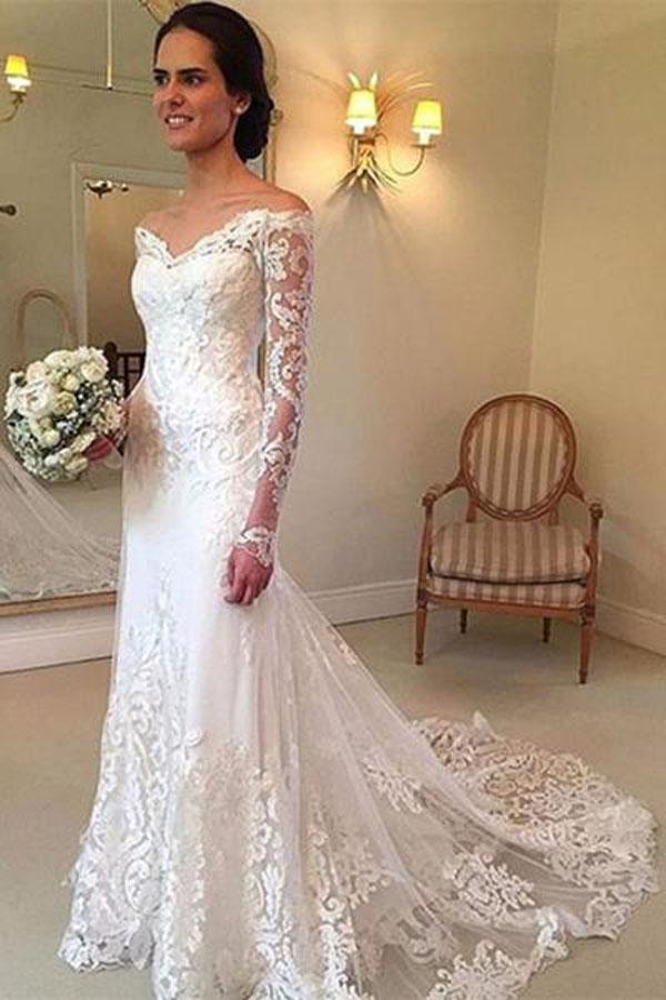 White Wedding Dress with Long Sleeves, Off-Shoulder Style, and a Sweep Train, WD2306267