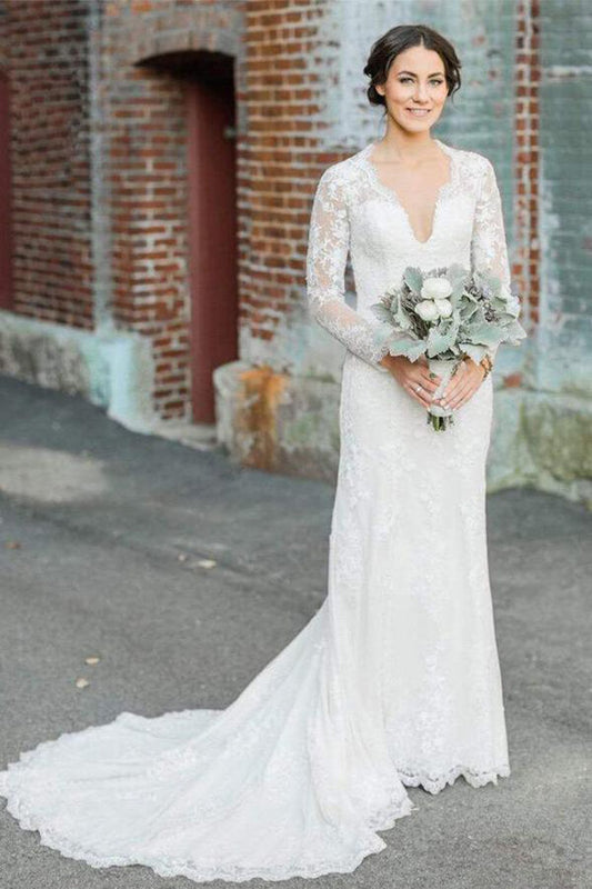 Ivory Lace Sheath V-neck Long Sleeves Wedding Dress, WD2310187