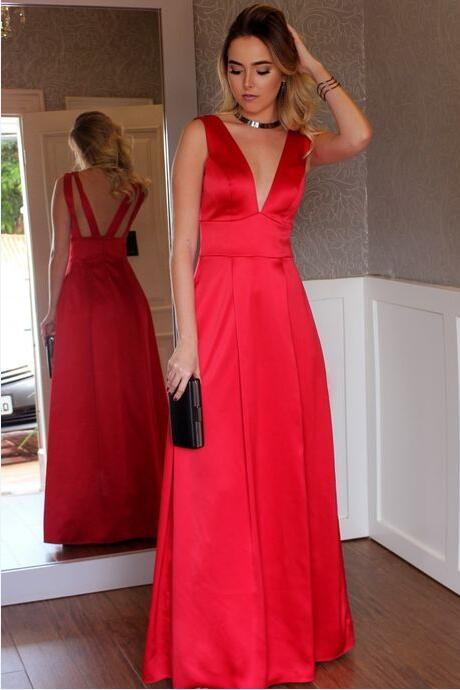 Red Deep V-Neck A-Line Satin Backless Prom, PD23052412