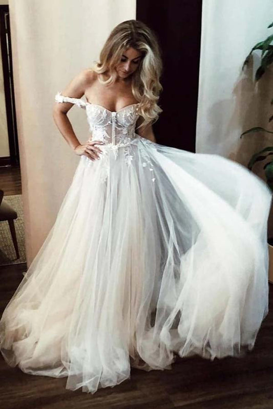 Ivory Off Shoulder Sweetheart Long Wedding Dress with Lace Appliques, WD2310193