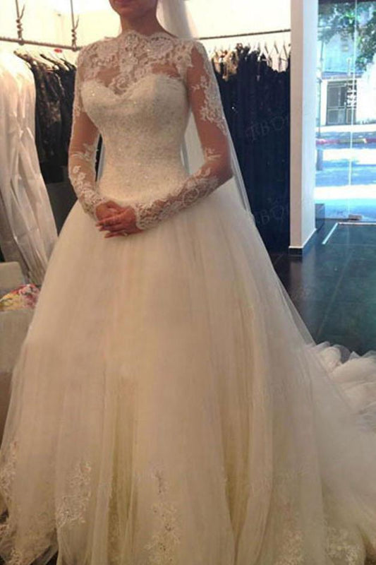 V-Back Lace Tulle A-line Wedding Dress with Long Sleeves, WD2305097