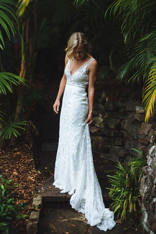 Ivory Lace Mermaid Open Back V-neck Long Beach Wedding Dress, WD2310184