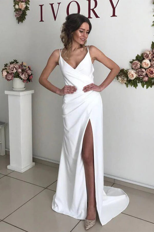 Ivory Sheath Wedding Dress with V-neck and Backless Design, WD2311034