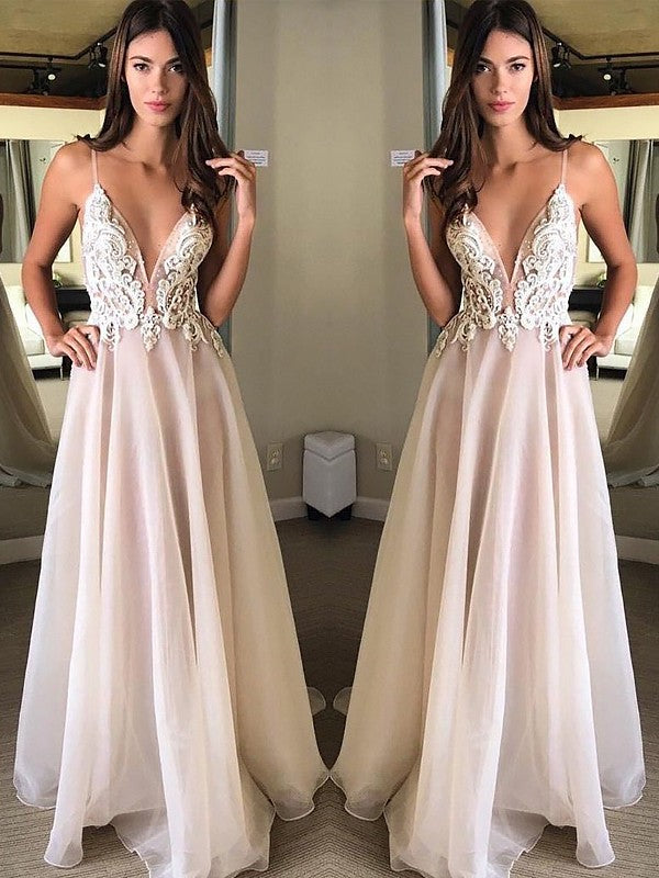 Pearl Pink Backless Lace V-Neck Chiffon A-Line Prom Dress, PD23060113