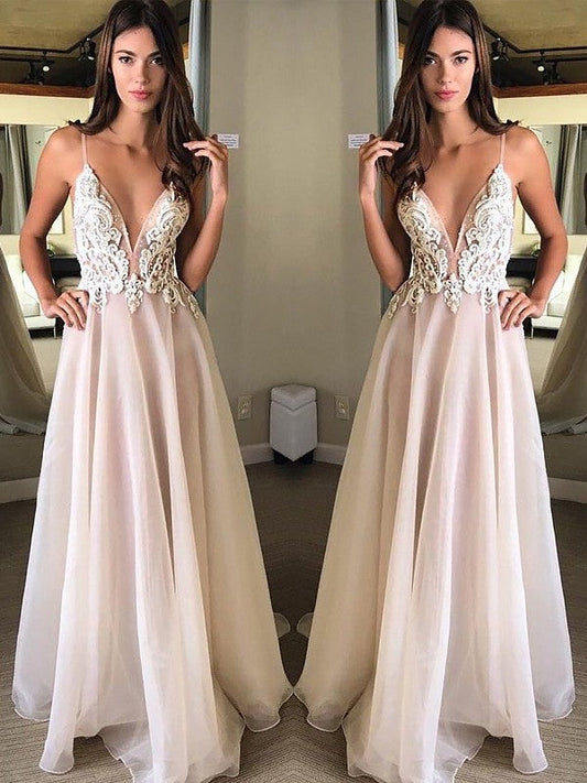 Pearl Pink Backless Lace V-Neck Chiffon A-Line Prom Dress, PD23060113