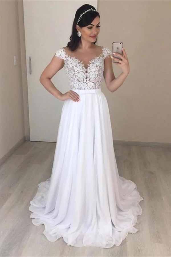 Lace A-line V-neck Cap Sleeves Chiffon Wedding Gown, WD2401296