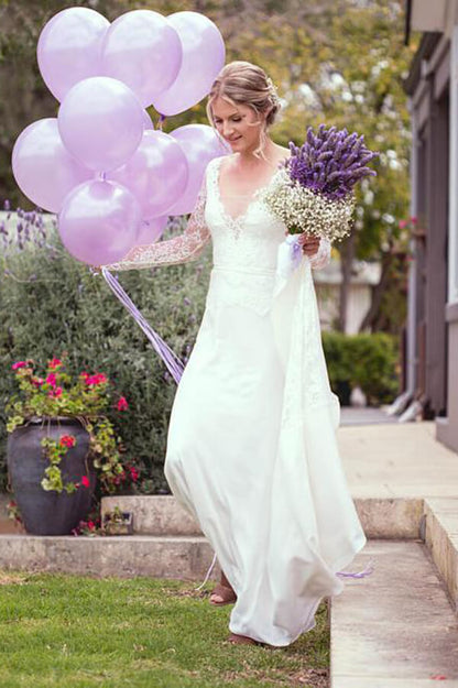 Ivory Satin Lace Sheath V-neck Long Sleeves Wedding Gown Bridal , WD23101910