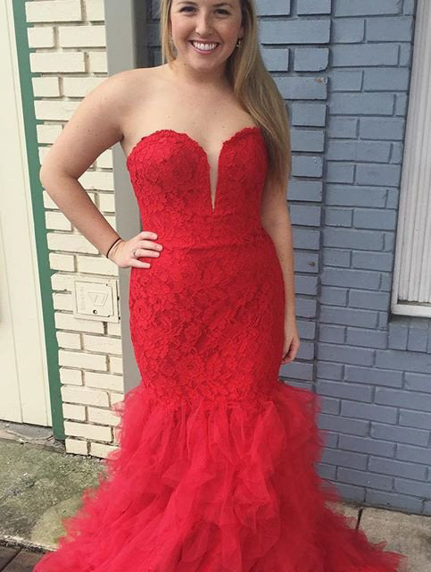Red Mermaid Lace Prom Dress with Sweetheart Neckline, PD2310304