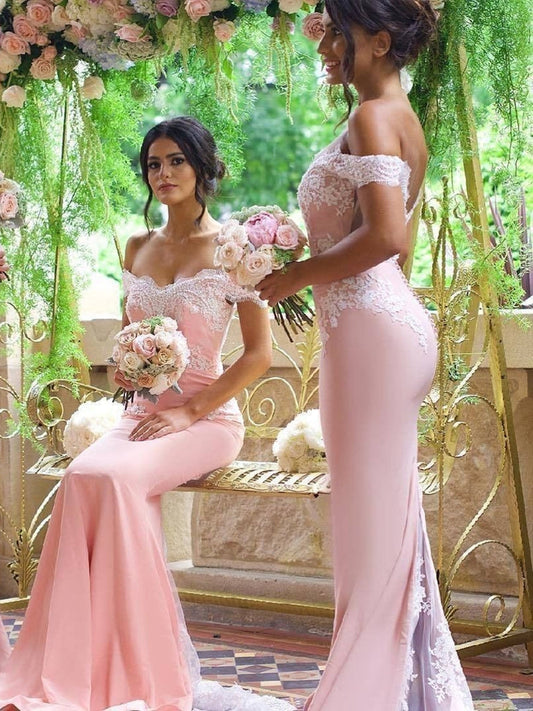 Pink Mermaid Lace Off-the-Shoulder Prom Dresses, Pink Mermaid Lace Off-the-Shoulder Bridesmaid Dresses, BD2306222