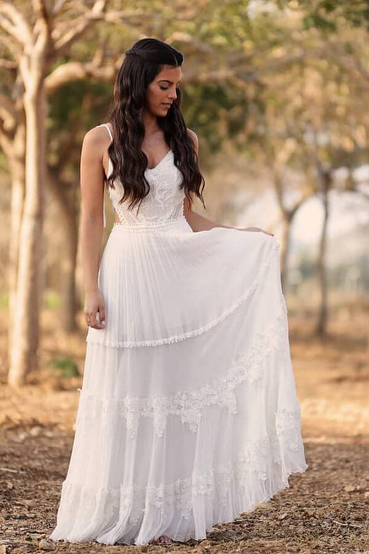 V-neck Lace Ivory Chiffon A-line Beach Wedding Gown, WD2308229