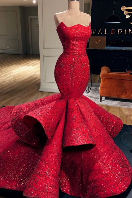 Red Lace Ruched Strapless Mermaid Prom Dress, PD23050812